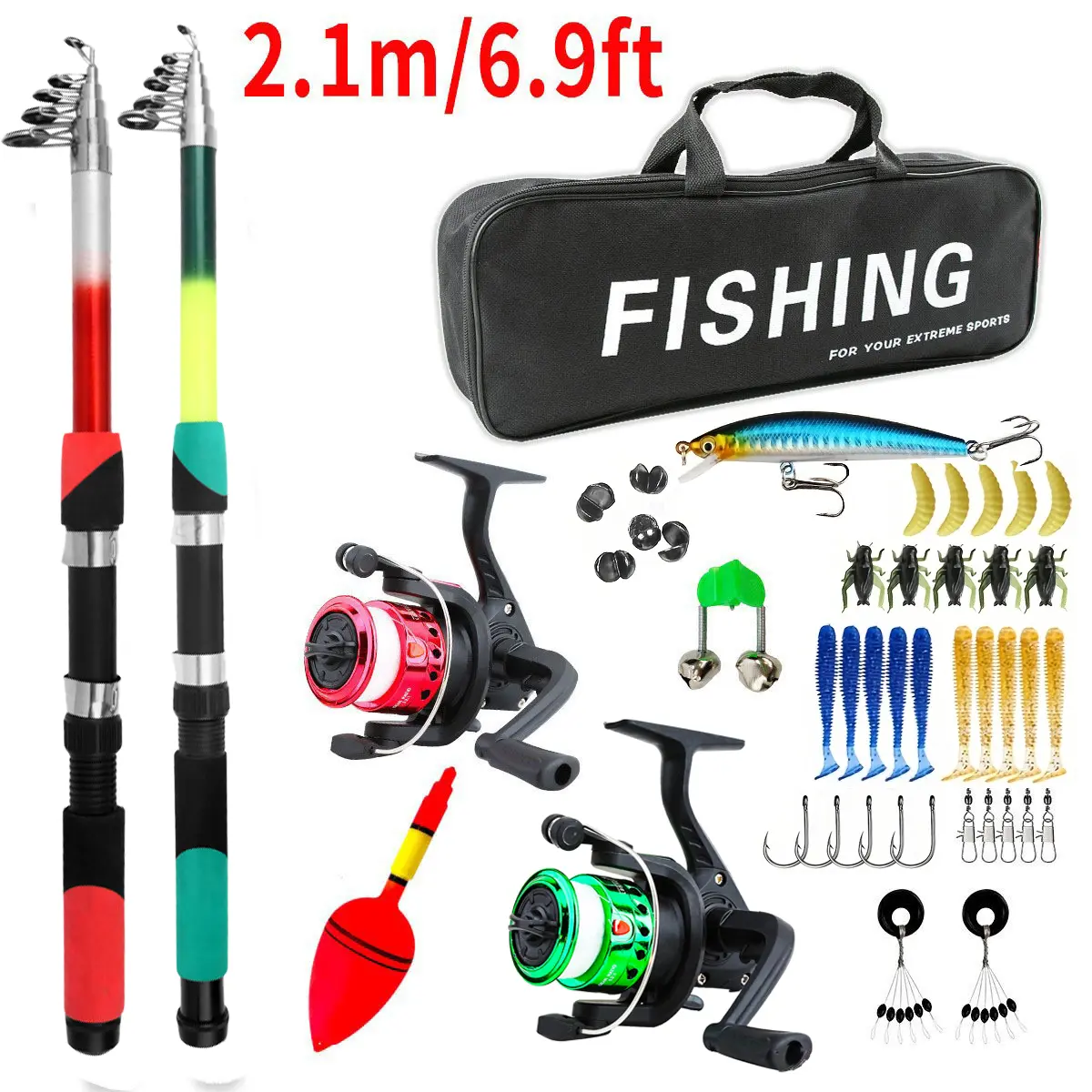 2-Pack Spinning Rod and Reel Combos, 48-Piece Saltwater Fishing Kit for Beginners, Complete Tackle Set with 1.8m/2.1m Rods, Rod Spinning Combos