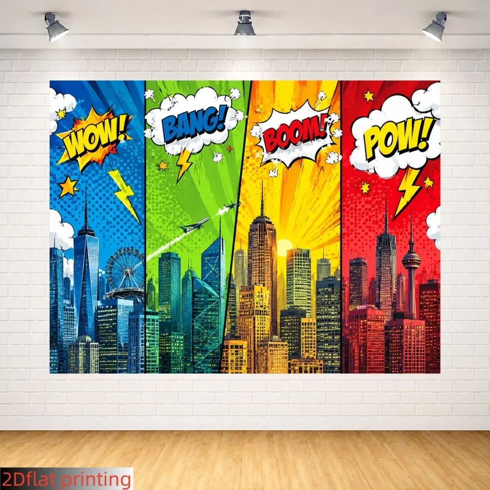 1PC 2D Flat Superhero Comic City Theme Backdrop, Pop Comic Boom Speech Bubble City Building Birthday Party Photo Background, Party Background Decoration, for Bedroom, Art Wall, Home Decor, Party, Polyester, Indoor and Outdoor