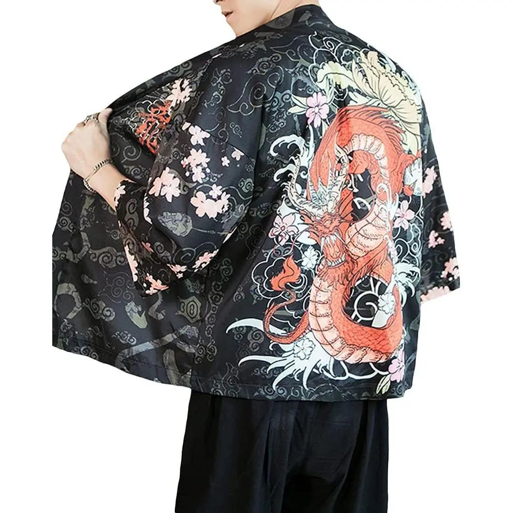 Men's Kimono Cardigan Jacket Japanese Style Flying Crane Seven Sleeves Open Front Coat