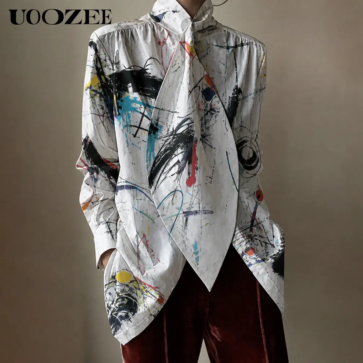 UOOZEE 2026 Trendy Fall Women Tie‑Neck Abstract Paint Splash Print Blouse, Loose Long Sleeve Button Front Shirt, Casual Fashion Statement Daily Wear Top, Art‑to‑Wear Aesthetic Top