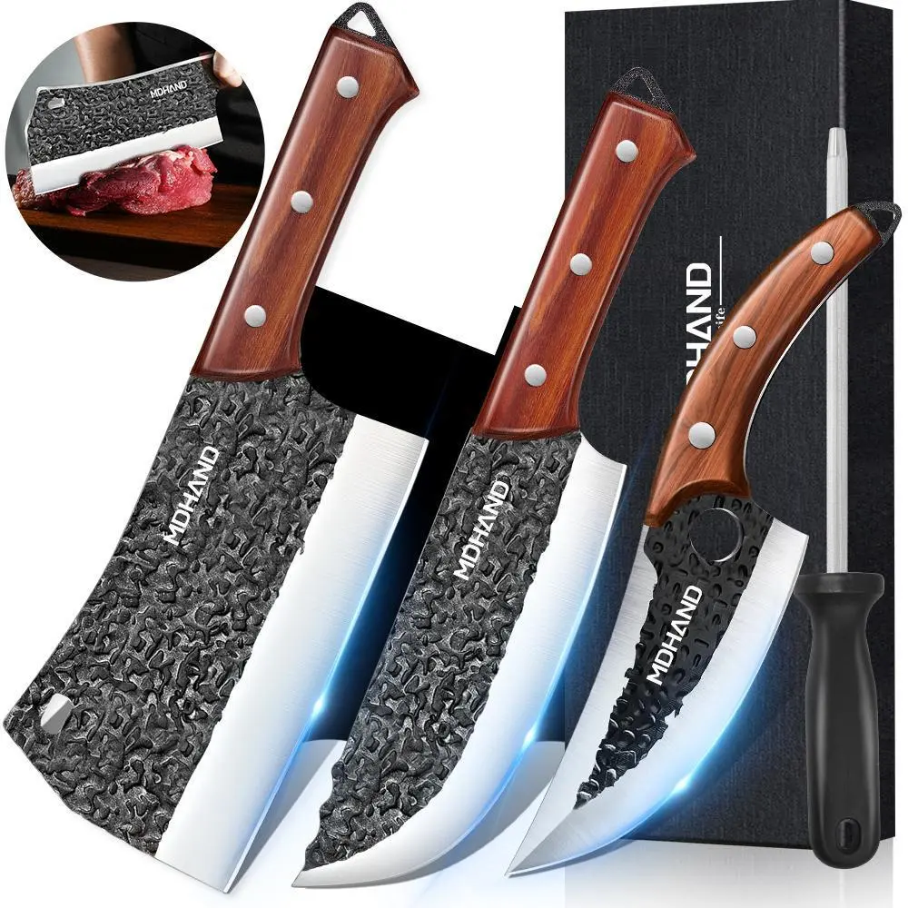 Professional Kitchen Chef Set,  Hand-Forged Serbian Chef Knife - Includes Cleaver, Boning, Viking Knives with Sheaths, Gift Box for Home Cooking, Camping, Outdoor BBQ#DealsForYouDays
