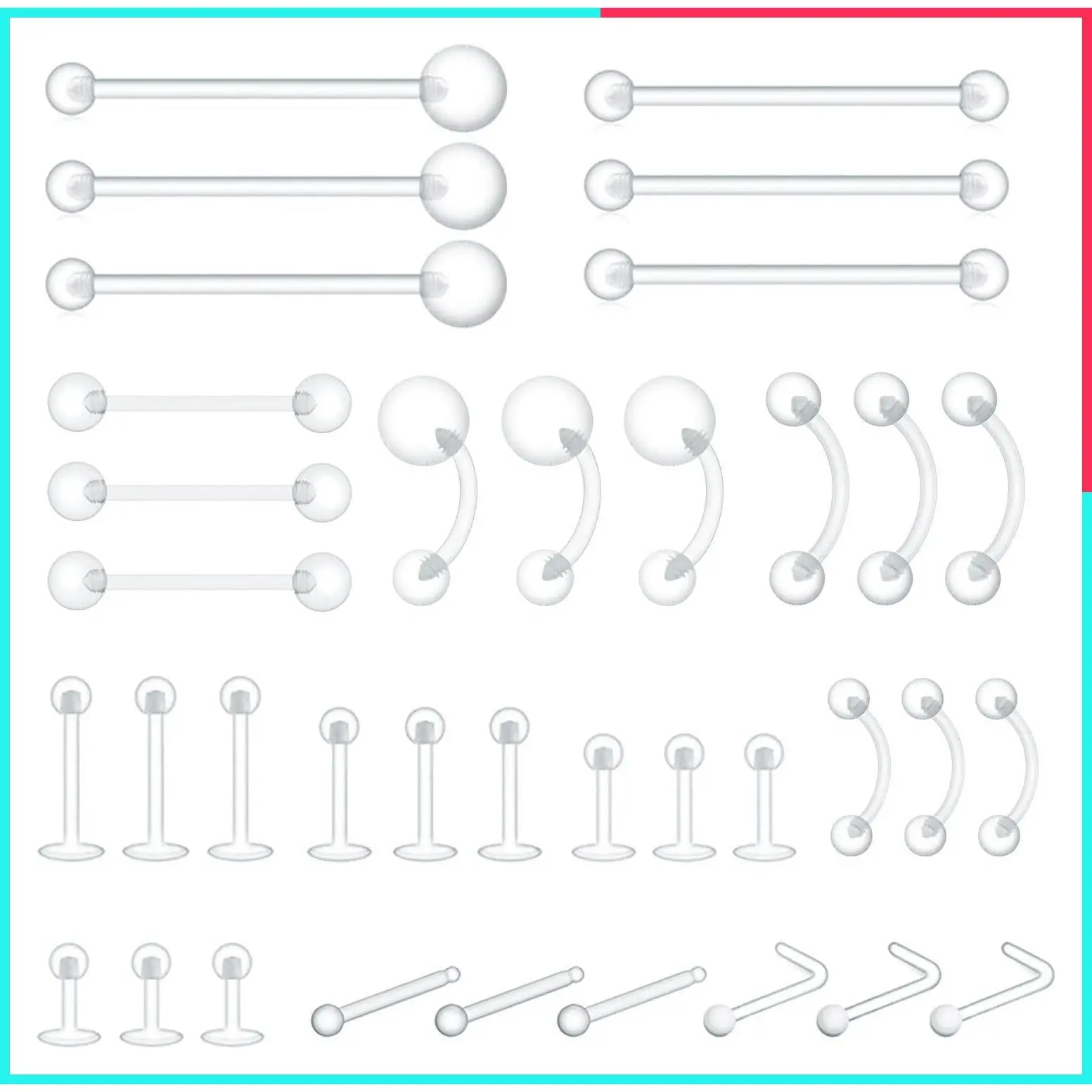 36pcs Clear Bioflex Piercing Retainers - Flexible Plastic Body Jewelry for Nipple, Tongue, Nose, Septum, Eyebrow, Belly, Ear, Tragus, Helix, Cartilage, Industrial, Lip, Labret - Studs & Rings Safe for Surgery & MRI