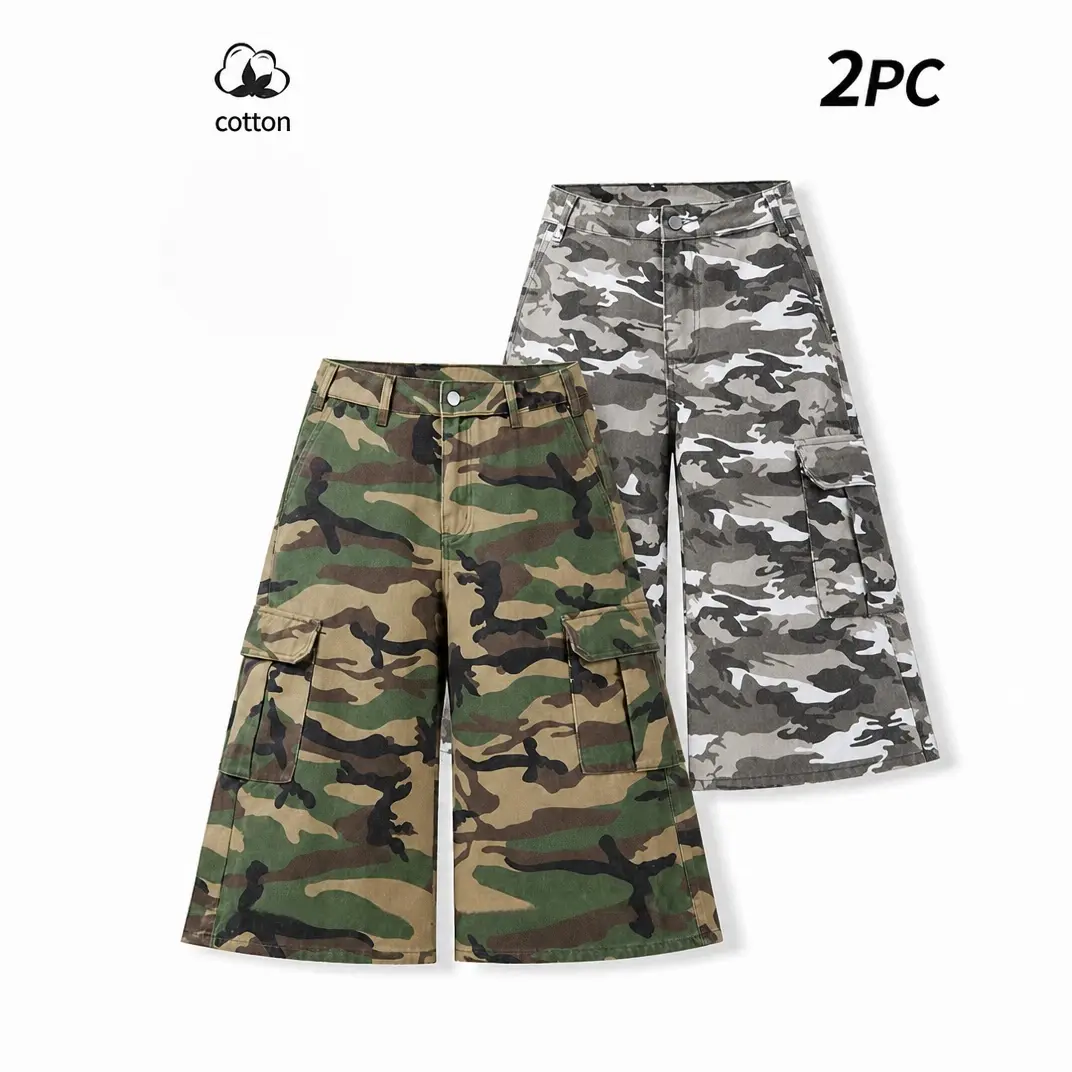 2 Pack Cotton Camo Wide Leg Cargo Jorts Men Multi Pocket Baggy Camouflage Capri Shorts Y2K Street Daily Wear