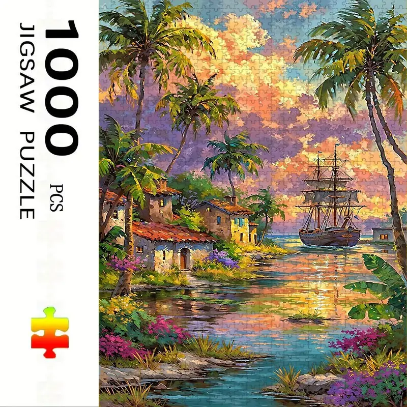 1000 Piece Sunset Coastal Scene Puzzle, Large Adult Family Interactive Toy, DIY Home Decor Brain Challenge, Festive Gift, Durable Puzzle