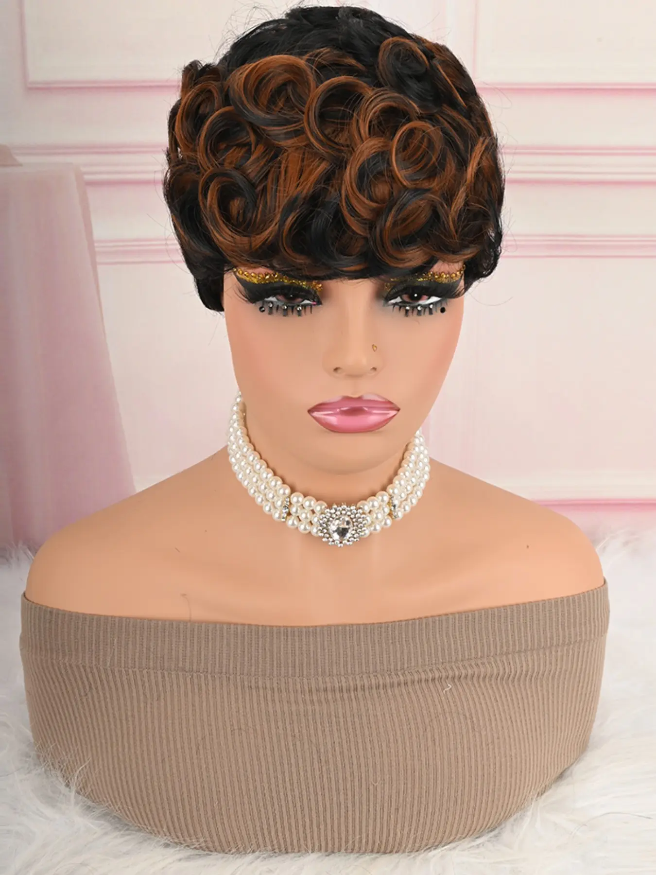 Short Bouncy Curly Synthetic Wig, with Chestnut Highlights, Pre-Styled Vintage Party Hair Wig, Perfect for Events and Parties