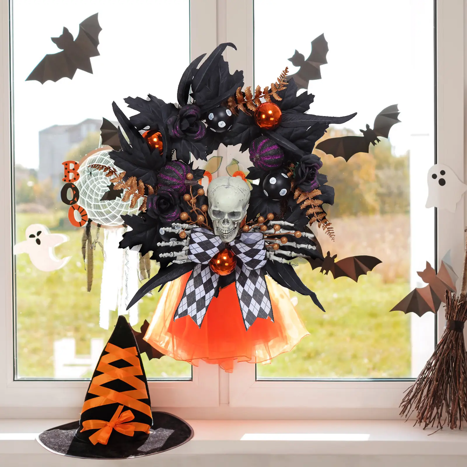 Garvee 20" Halloween Wreath for Front Door - Skeleton Decorative Element Door Wreath with Black Leafs, Maple Leaves, Roses & Ball Ornaments - Wall/Porch Outdoor Party Decor - Black/White Plaid Bow