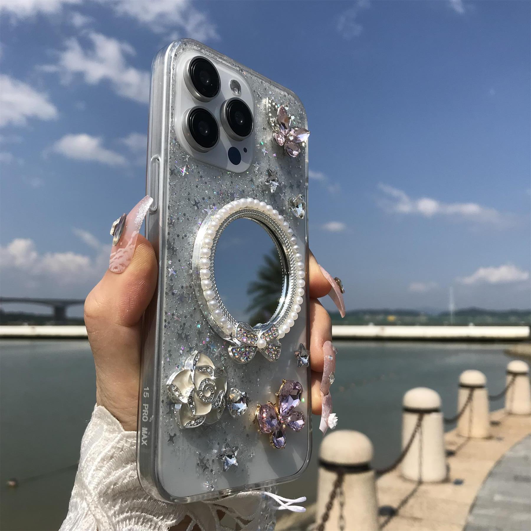Rhinestone Decor Phone Case, Mirror Flower Butterfly Decor Phone Protective Cover with Lanyard, Phone Accessories Compatible with iPhone 16 15 14 13 12, Decorative Smartphone Protector