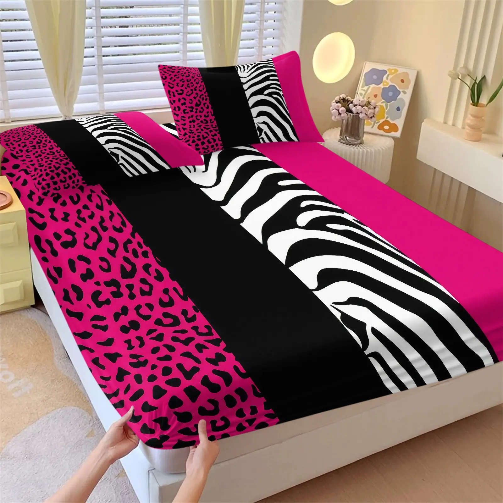 Leopard Zebra Fitted Sheet Set, Hot Pink Mixed Animal Print Bed Sheet Set, 1 Fitted Sheet & 2 Pillowcase No Filling, Deep Pocket, Y2K Aesthetic for Kids Teens Adults
