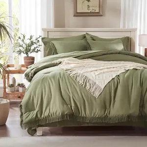 Comforter Set - Olive Green Tassel Boho Bed in a Bag 7 count with Lightweight Soft Fringe Bedding Sets with 1 Comforter, 2 PillowShams, 2 Pillowcases, 1 Flat Sheet, 1 Fitted Sheet