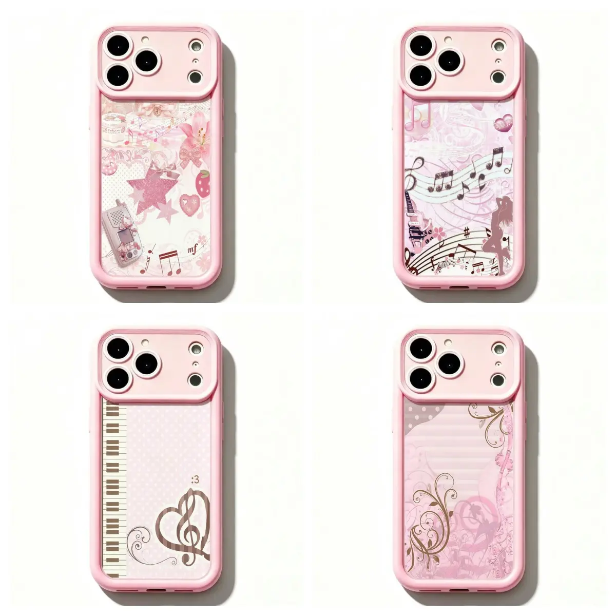 4 Styles Pink Frame Music Note Phone Case Y2K Piano Key Treble Clef Heart Star Floral Girly Protective Cover for iPhone 11 12 Mini 13 Mini 14 15 16 17 Air Pro Max Samsung S26 S25 S24 S23 S22 S21 Gift for Her