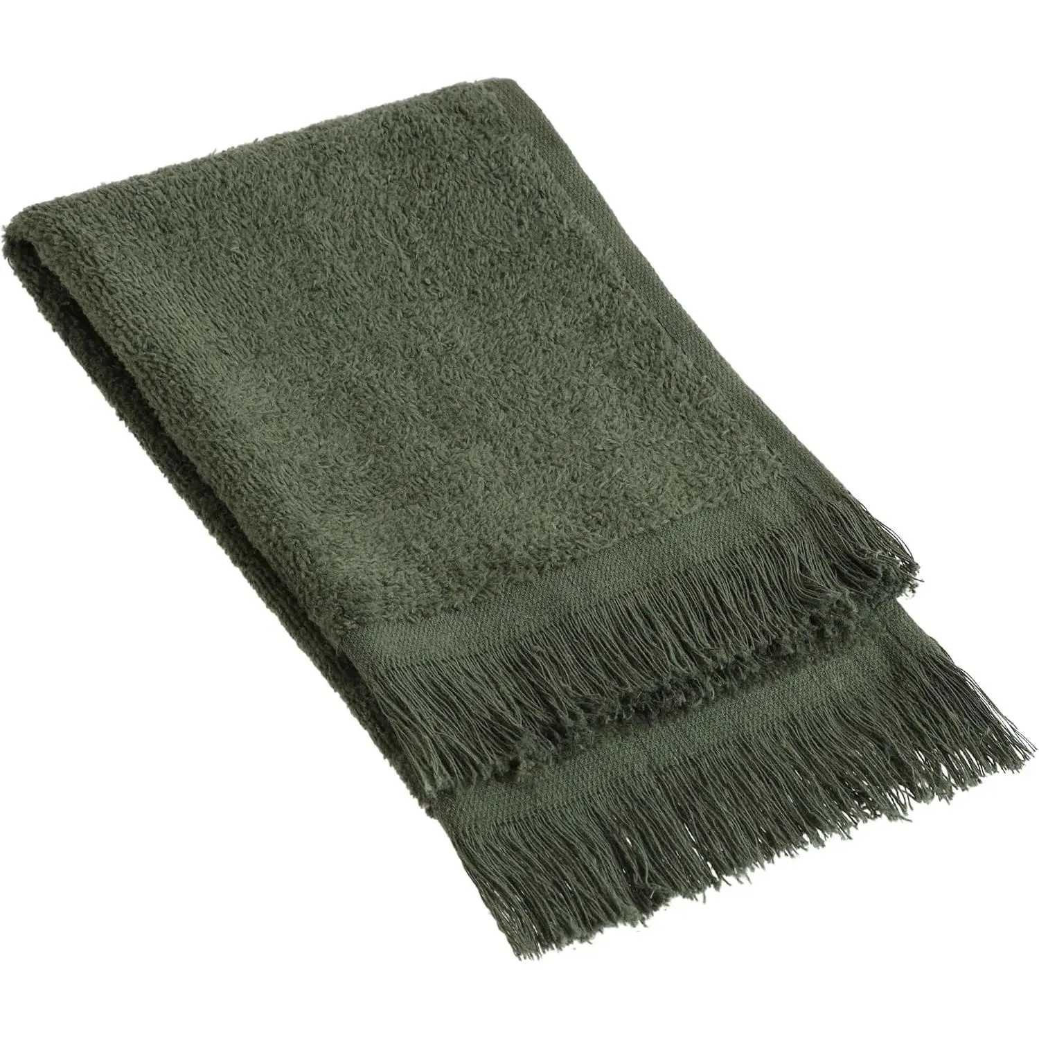 Fringed Reversible Fingertip Hand Towel (Size 11" W x 18" L) Terry Cotton Washcloth Set for Face and Bathroom use. (3, Forest Green)