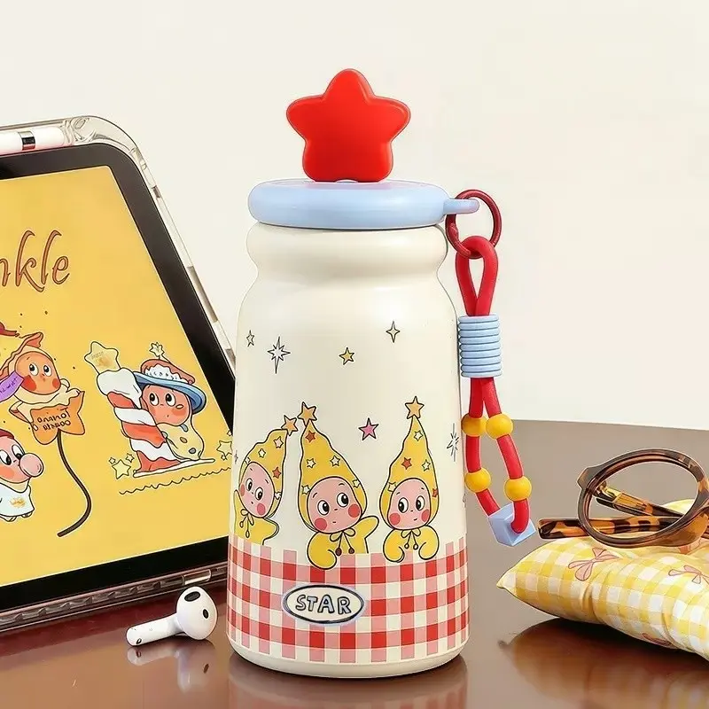 Cute Cartoon Lightweight Vacuum Insulated Water Bottle, 520ML 316 Stainless Steel Thermos Cup, Portable Reusable Drink Cup with Lanyard, Ideal for Students