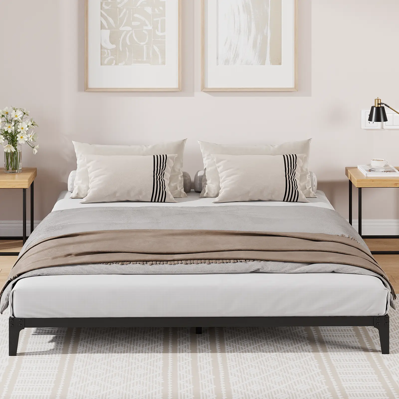 Full/Queen Black 6 Inch Low Metal Bed Frame, Sturdy Steel Slats, High Weight Capacity, No Box Spring