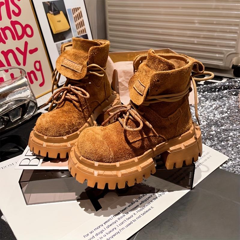 Women's Chunky Platform Motorcycle Boots - Thick-Soled Round-Toe Lace-Up Ankle Boots with Candy-Colored (Yellow/Mustard/Pink/Lavender) Rubber Sole & Fabric Upper - Workwear-Inspired Winter-Ready Shoes for Jeans & Dresses