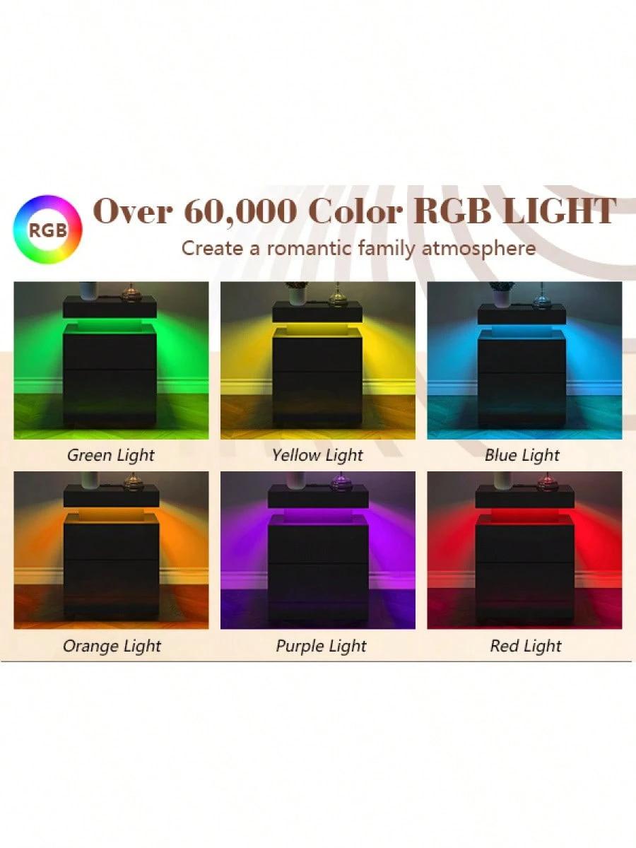 Modern Nightstand Set Of 2 With LED Lights And Charging Station, Side Tables With 2 Drawers And Open Storage Shelf, Stylish End Tables For Bedroom