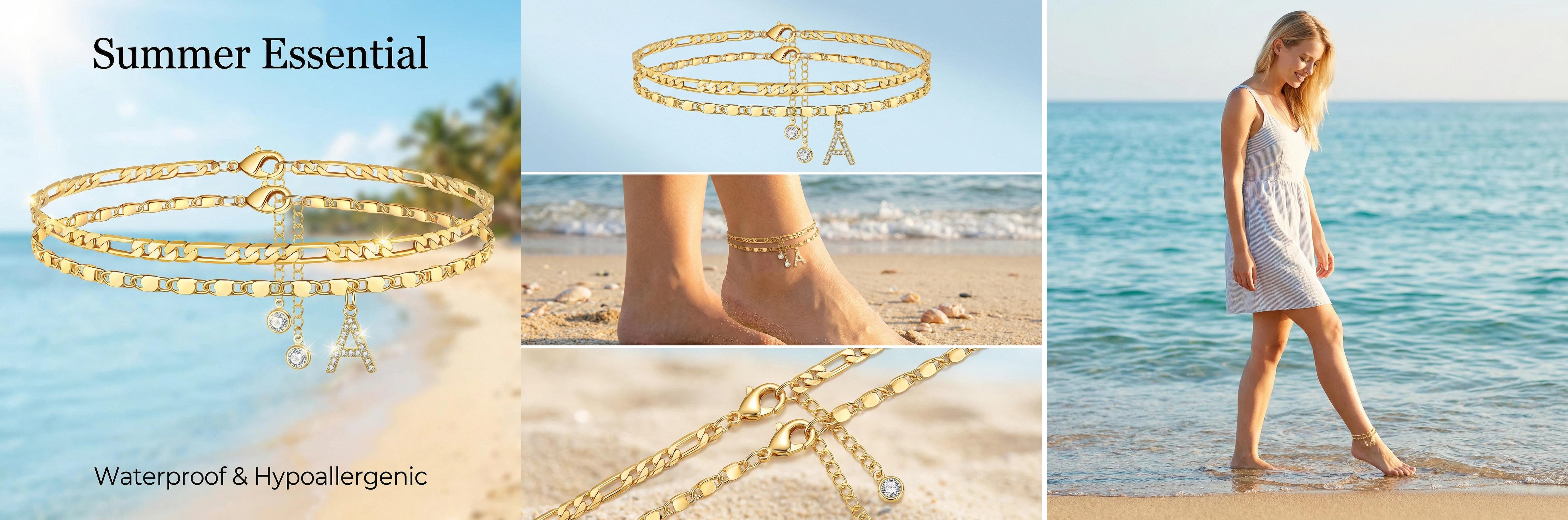 Letter Layered Ankle Bracelets for Women Dainty Chain Initial Pendant Anklets Set Hypoallergenic A-Z Gifts for Girls Trendy Adjustable Size Waterproof Costume Accessories