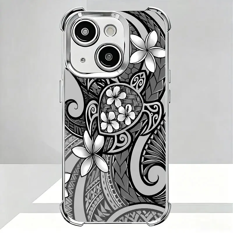 Polynesian Tribal Turtle Plumeria Flower Phone Case,Black White Traditional Swirl Tattoo Style for iPhone 17 16 15 14 13 12 11 Plus Pro Max, Island Culture Gift