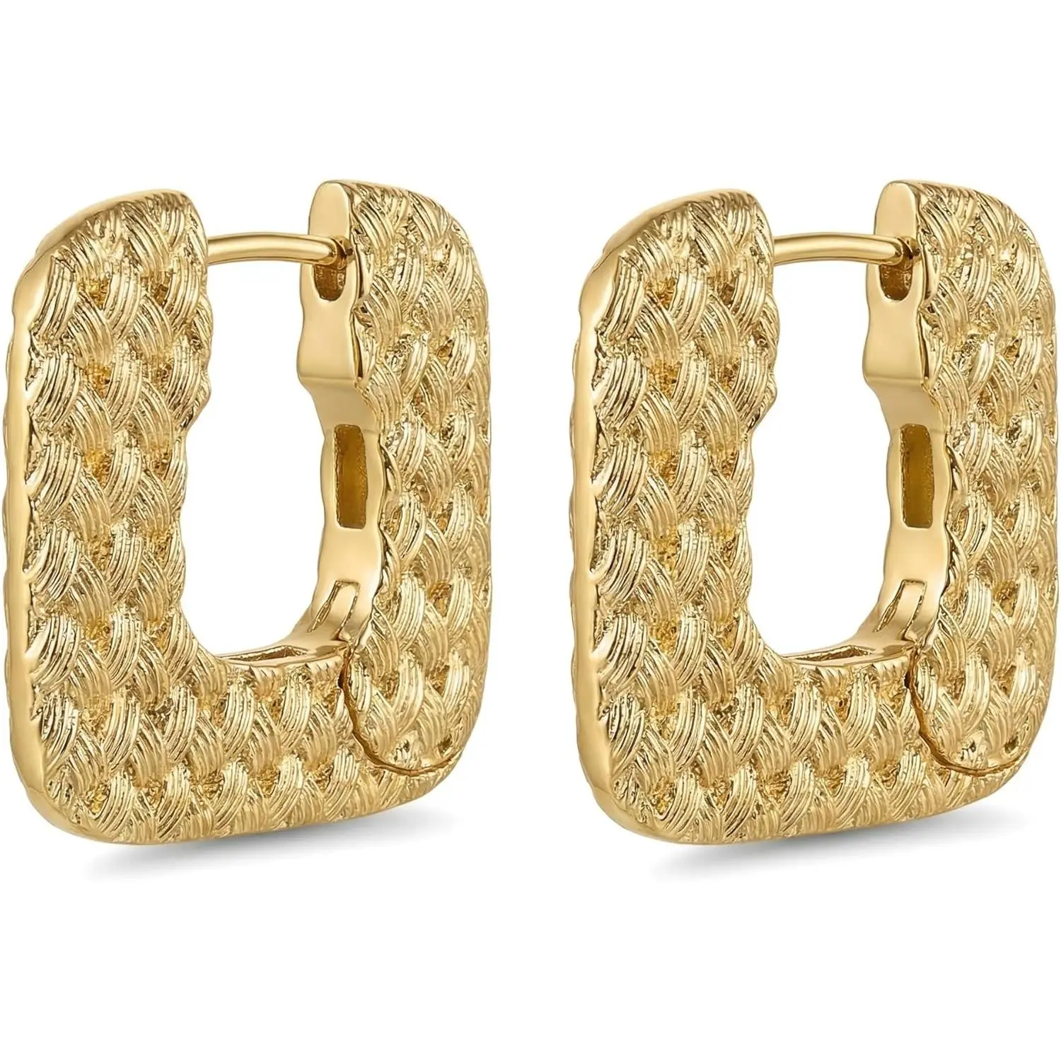 14K Gold Plated Square Hoop Earrings for Women Textured Woven Chunky Geometric Lightweight Statement Jewelry 25MM