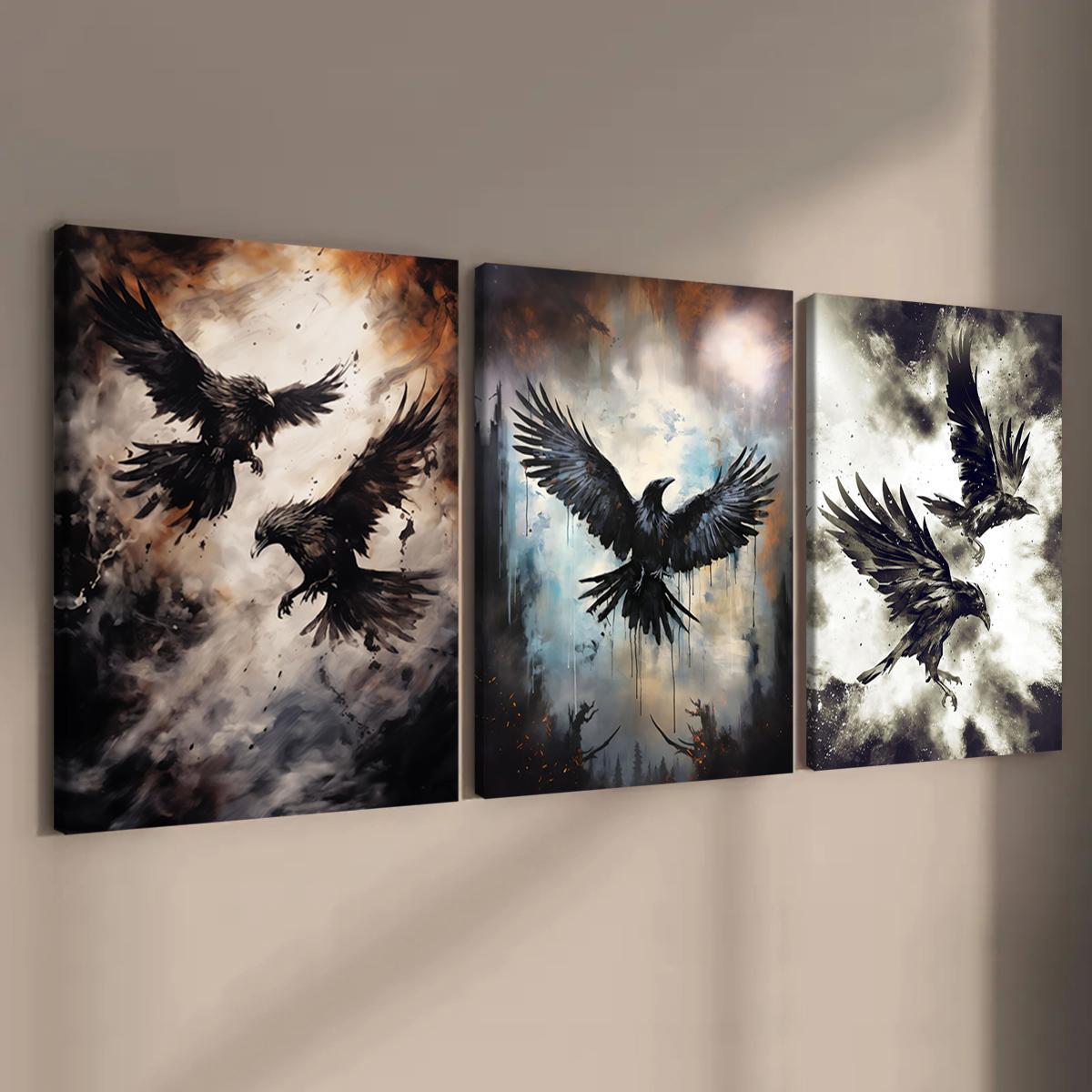 Creepy Crow Pattern Wooden Framed Canvas Painting Modern Art Design, 3 Counts/set Halloween Murals, Wall Art Decor for Home Living Room Bedroom Office