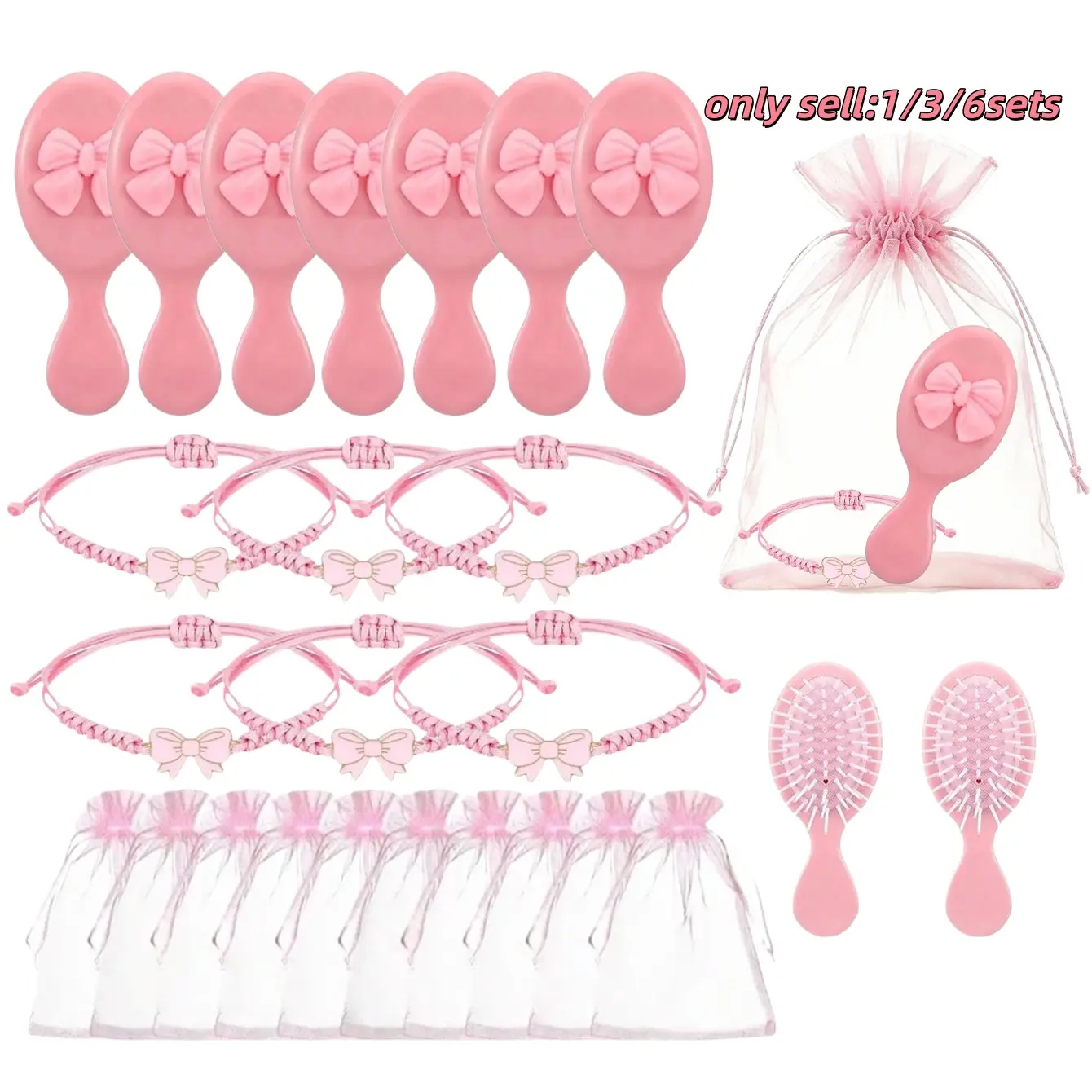 Mini Hair Comb Set for Girls, Bow Travel Comb, Dry Wet Scalp Massager, Portable Pocket Size, Party Gift, Includes Ribbon Bracelet & Organza Bag