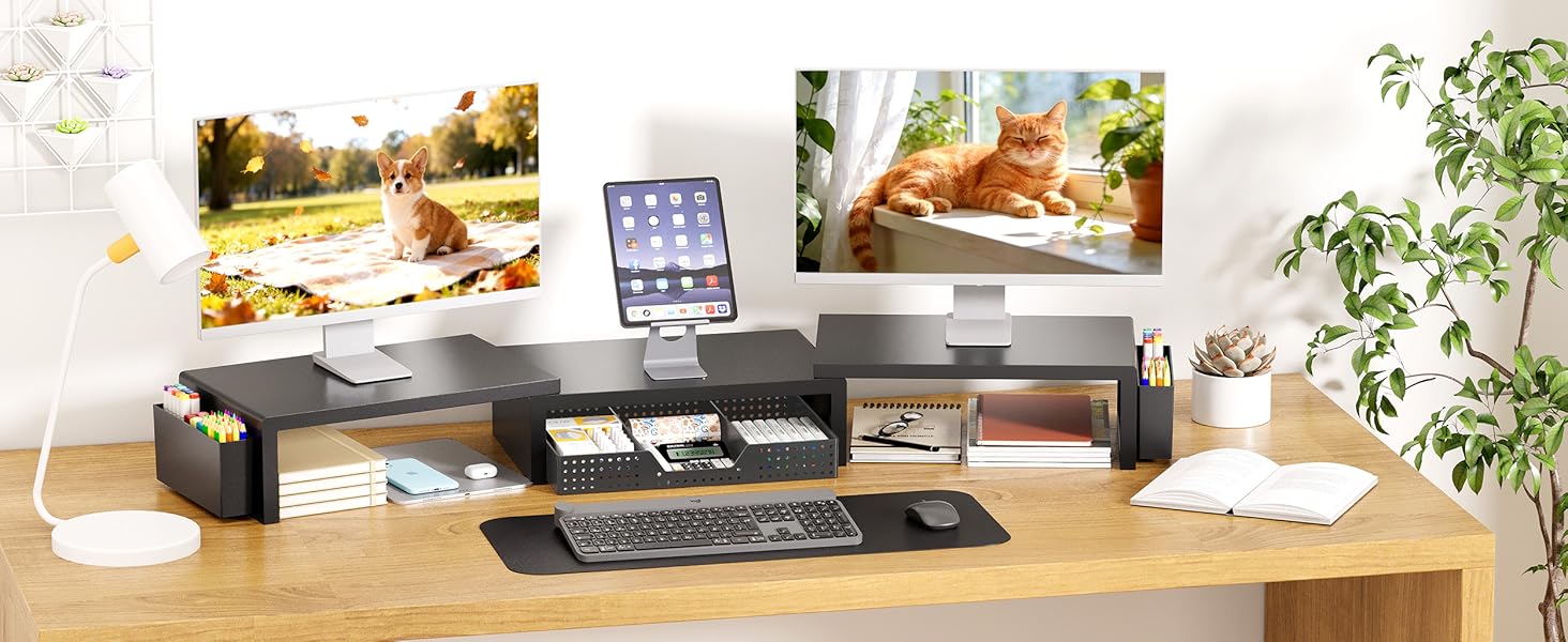 OPNICE Desk Organizer and Accessories, 2-Tier Computer Monitor Stand Riser with Drawer and 2 Pen Holders, Laptop Stand, Office Desk Accessories for Office Supplies, Black OPNICE Desk Organizer and Accessories, 2-Tier Computer Monitor Stand Riser with Drawer and 2 Pen Holders, Laptop Stand, Office Desk Accessories for Office Supplies, Black