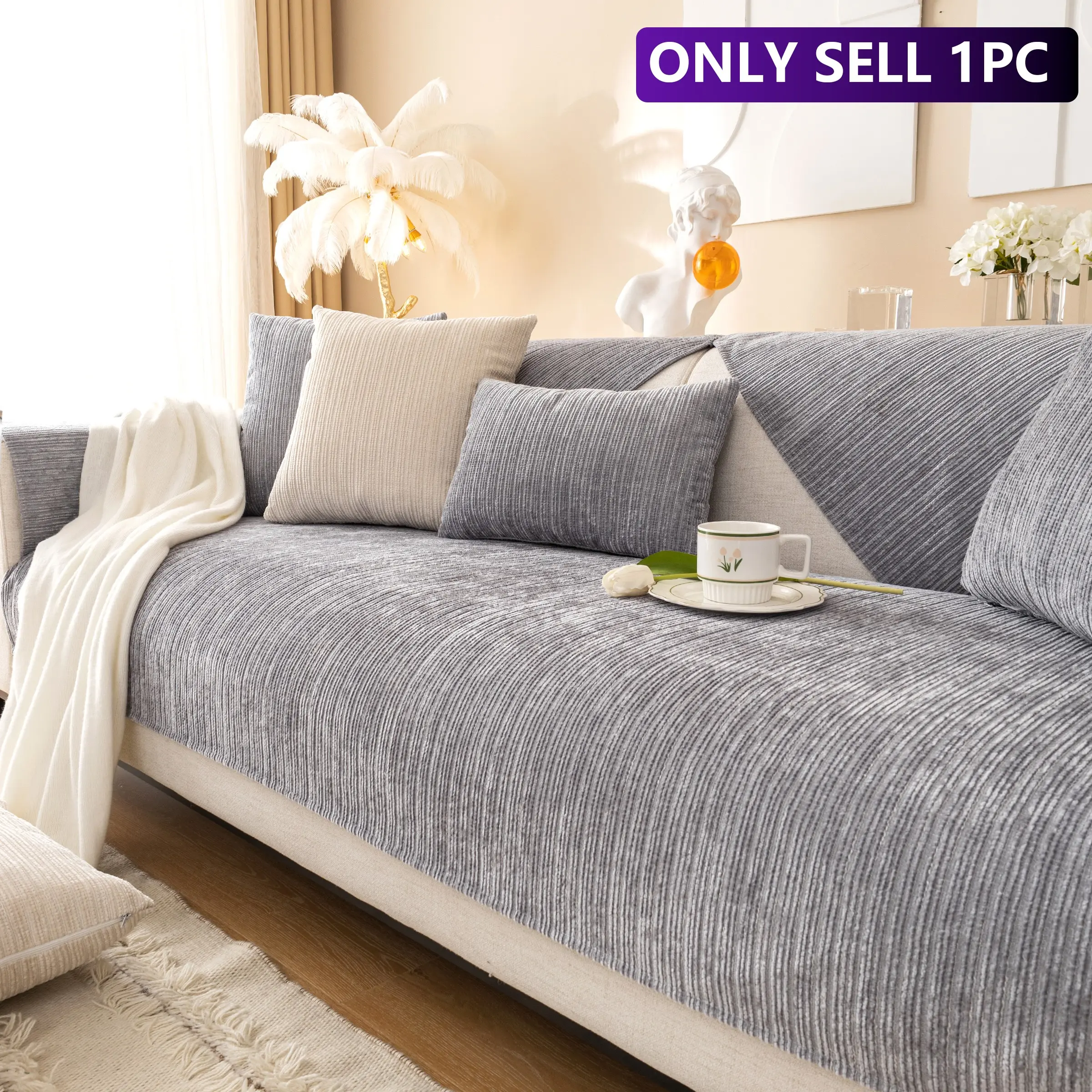 1pc Vertical Texture Chenille Sofa Pad, Anti-Slip, Dust-Proof, Pet-Friendly, Reusable, for All Season Use