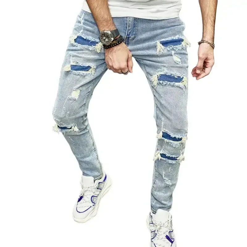 Men's Ripped Patch Denim Jeans - Menswear, Stylish Slim-Fit Plain Tight Pants, Casual Comfortable Streetwear with Narrow Cuffs