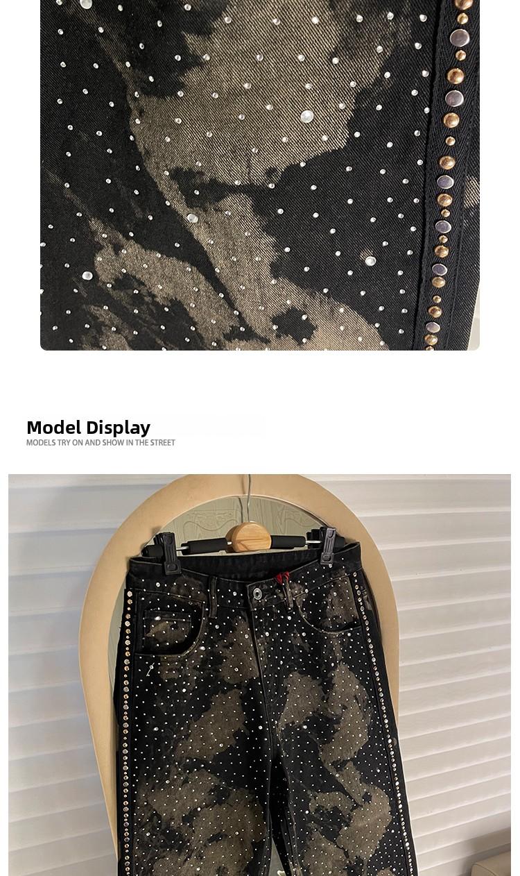 Parisian Sle Heavy Du Rhinestone Rivet Denim Jeans Loose Straight Leg Wide Leg Pants ex American Retro Trendy Brand
