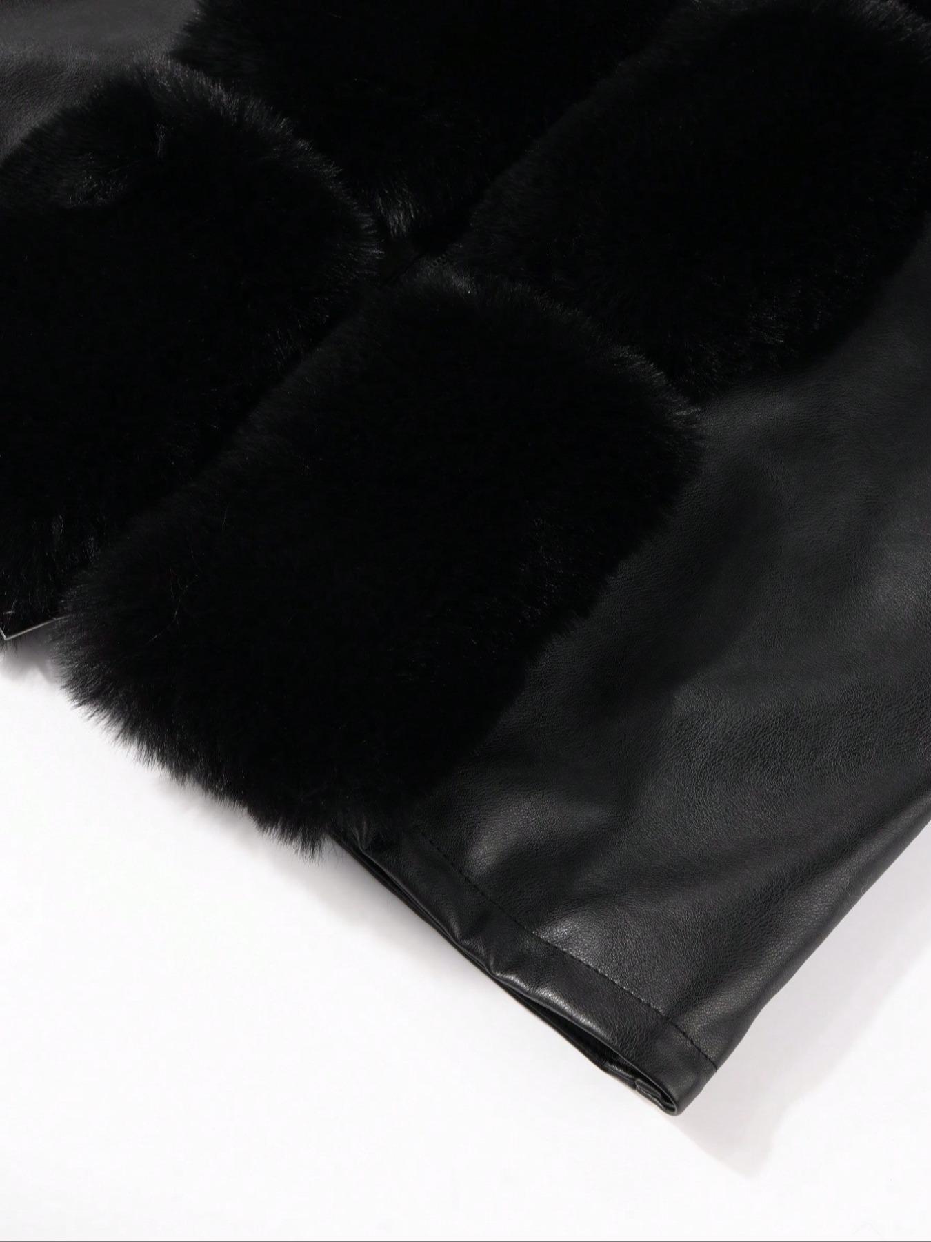 Women's Fall Winter PU Leather Jacket Coat, Contrast Faux Fur Hood Long Sleeve Fitted Casual Everyday Outerwear, Adjustable Waist Belt Design