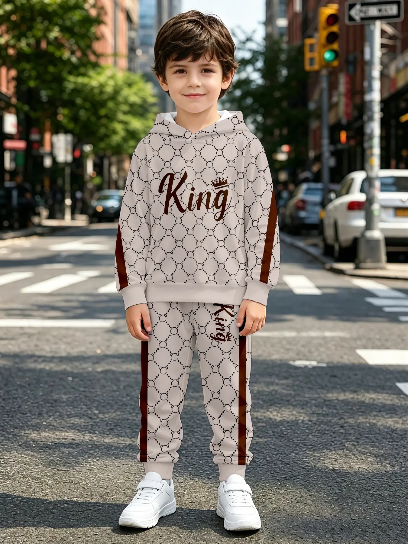 Boys' Luxury Plaid Letter Hoodie Set, Light Color Full Print, Crown English Print, Side Stripe Pants, Perfect for Parties, Gift Ideas
