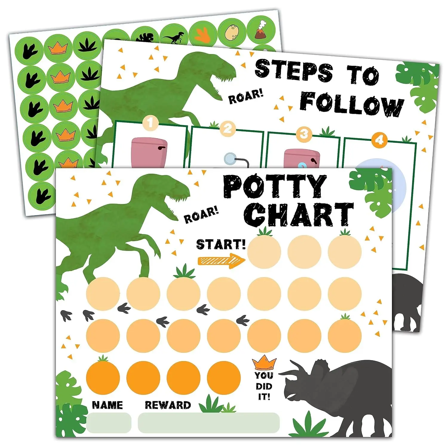 Dinosaur Potty Trainning Sticker Chart for Toddlers Boys Girls, 10 Potty Training Chart with 216 Stickers & 1 Routine Card - A09