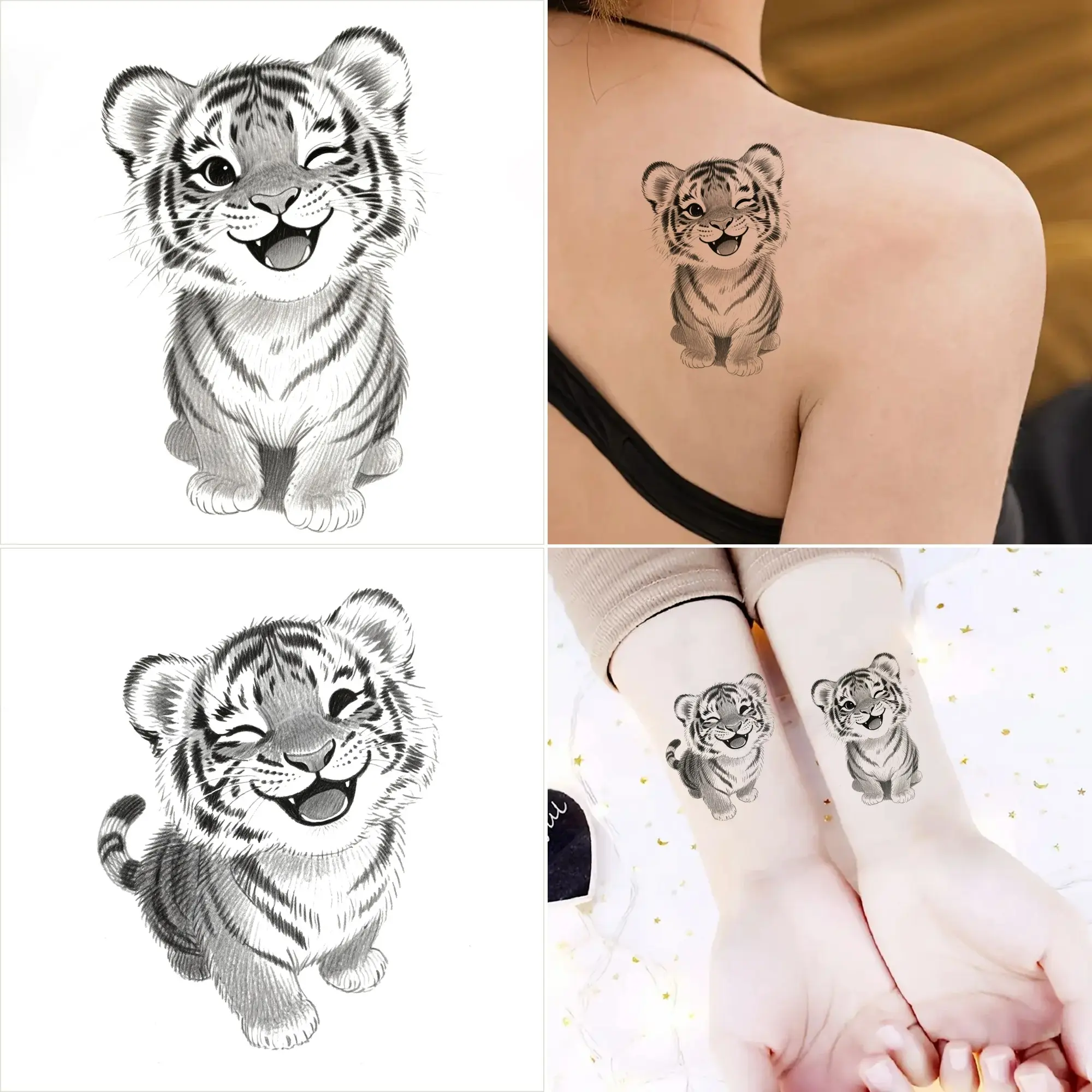 Adult 2 Pcs Realistic Smiling Tiger Temporary Tattoo Stickers, Waterproof Long-Lasting Tiger Face Body Art, Party, Unisex, Temporary Ink Paper