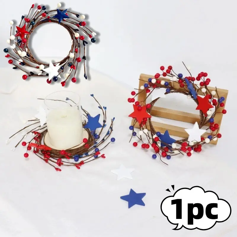 1PC Blue Five-Star Simulation Berry Wreath, Independence Day Decoration, Artificial Flower Wreath, Candle Holder Ring