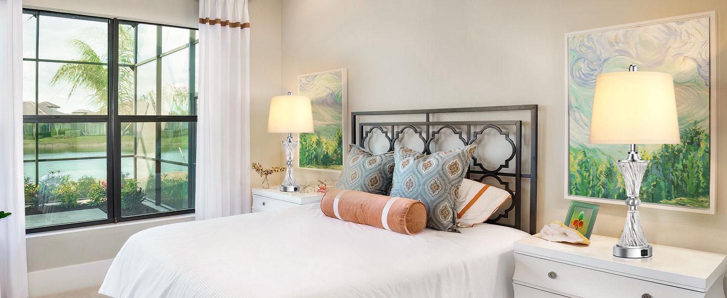 Touch Control Dimmable Table Lamps for Bedrooms, 3-Way Gold Crystal Bedside Lamp with USB Ports, Set of 2 Contemporary End Table Lamps with White Drum Shade for Living Room Reading, LED Bulbs Included