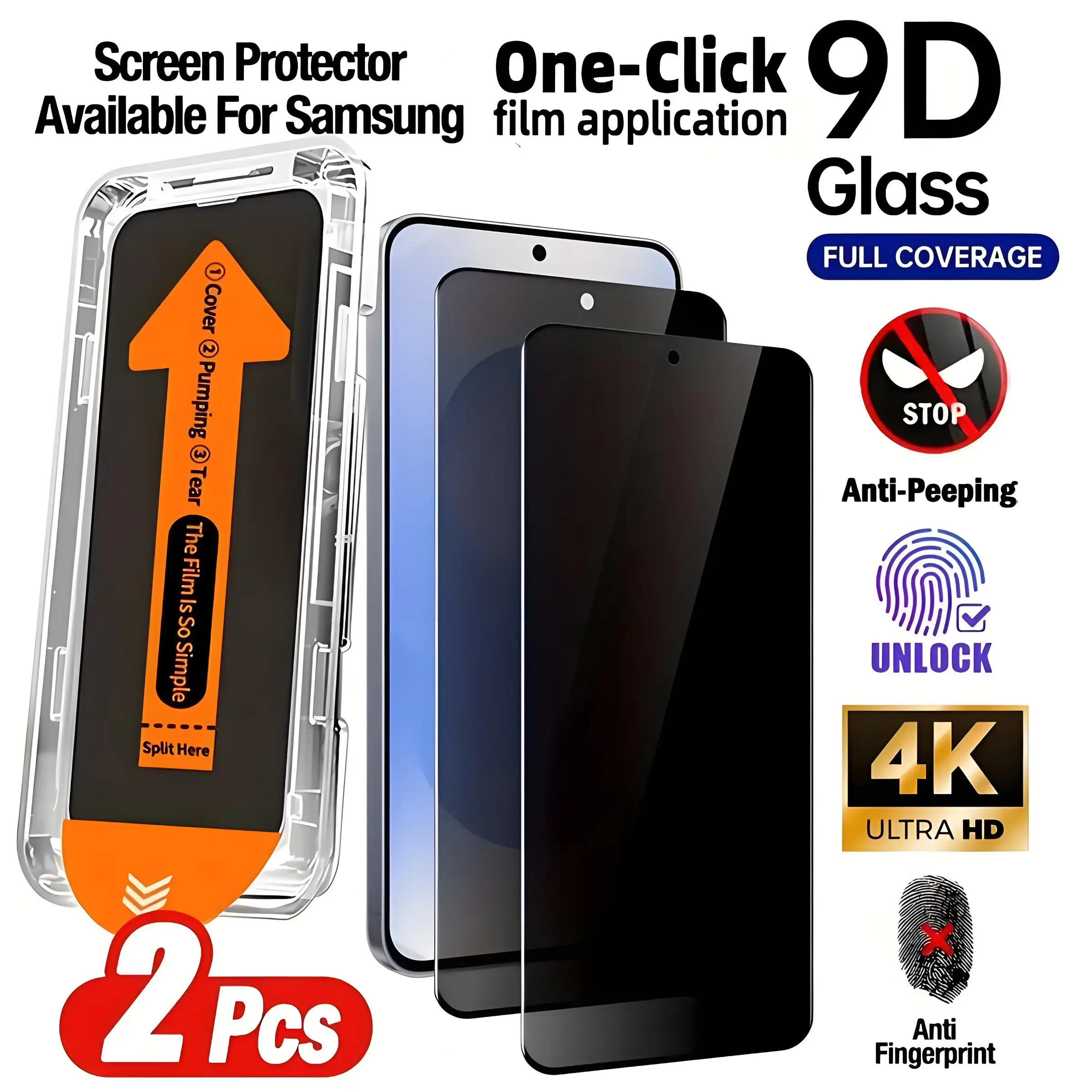 2 PACK Dust-Free Privacy Tempered Glass Screen Protector, Privacy Screen Guard, Compatible with Samsung Galaxy S22 5G/S22+ 5G/S23/S23+/S24/S25/Plus/Ultra Series, Anti-Spy, Supports Fingerprint Unlocking, Anti-Reflective, Case-Friendly