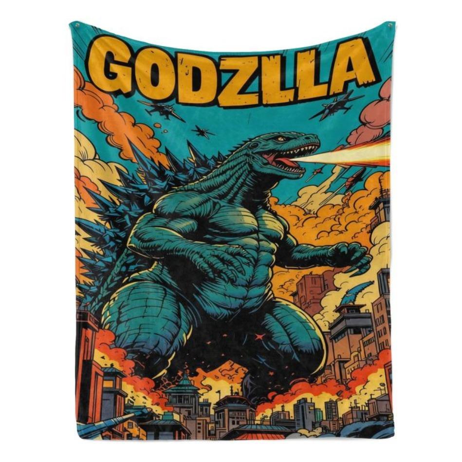 Retro Godzilla Comic Art Flannel Blanket Kaiju Enthusiasts Christmas Gift Dynamic City Attack Design Soft Warm for Bed Sofa Home Decor