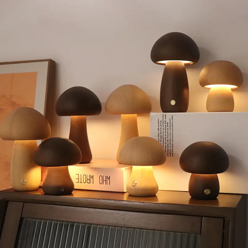 Wooden cute mushroom LED night light with touch switch, suitable for bedroom, children's room bedside table lamp, home decoration sleep night light