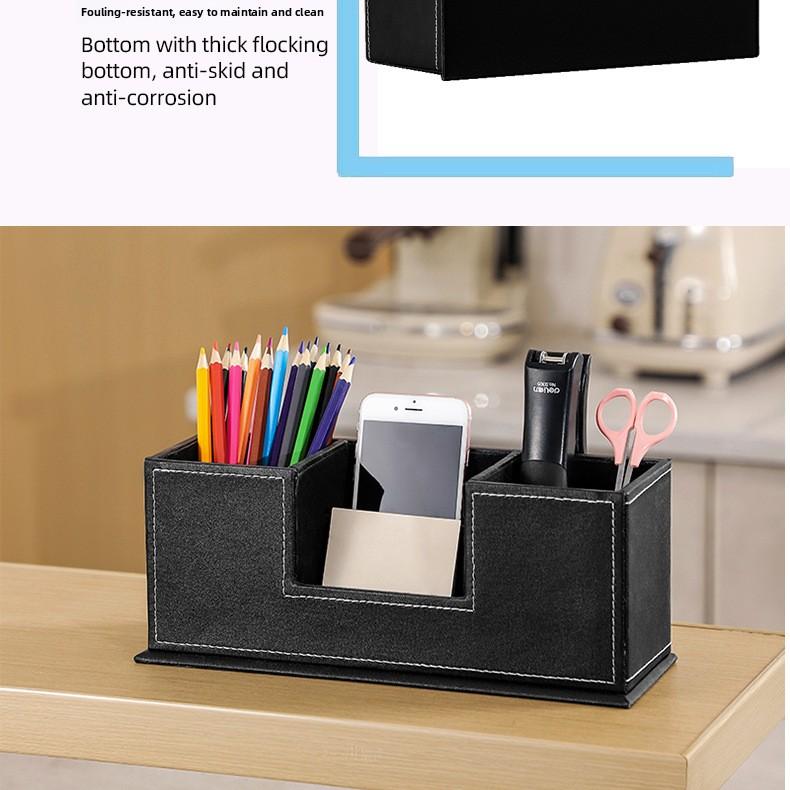 Simple leather pen holder, dual pen holder, multifunctional desktop storage box, office supplies stationery organizer