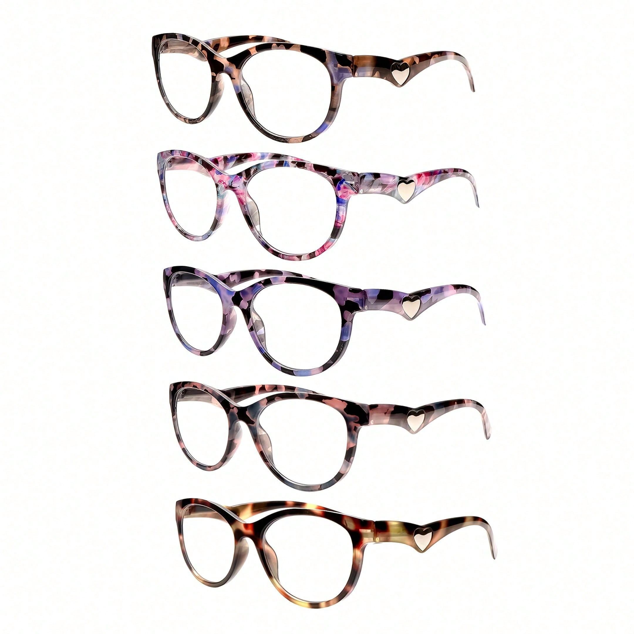 ZOECENT 5 Pack of Women's Reading Glasses With Anti-Blue Light Lenses Fashio Print Heart Pattern Spring Hinge Lightweight Glasses