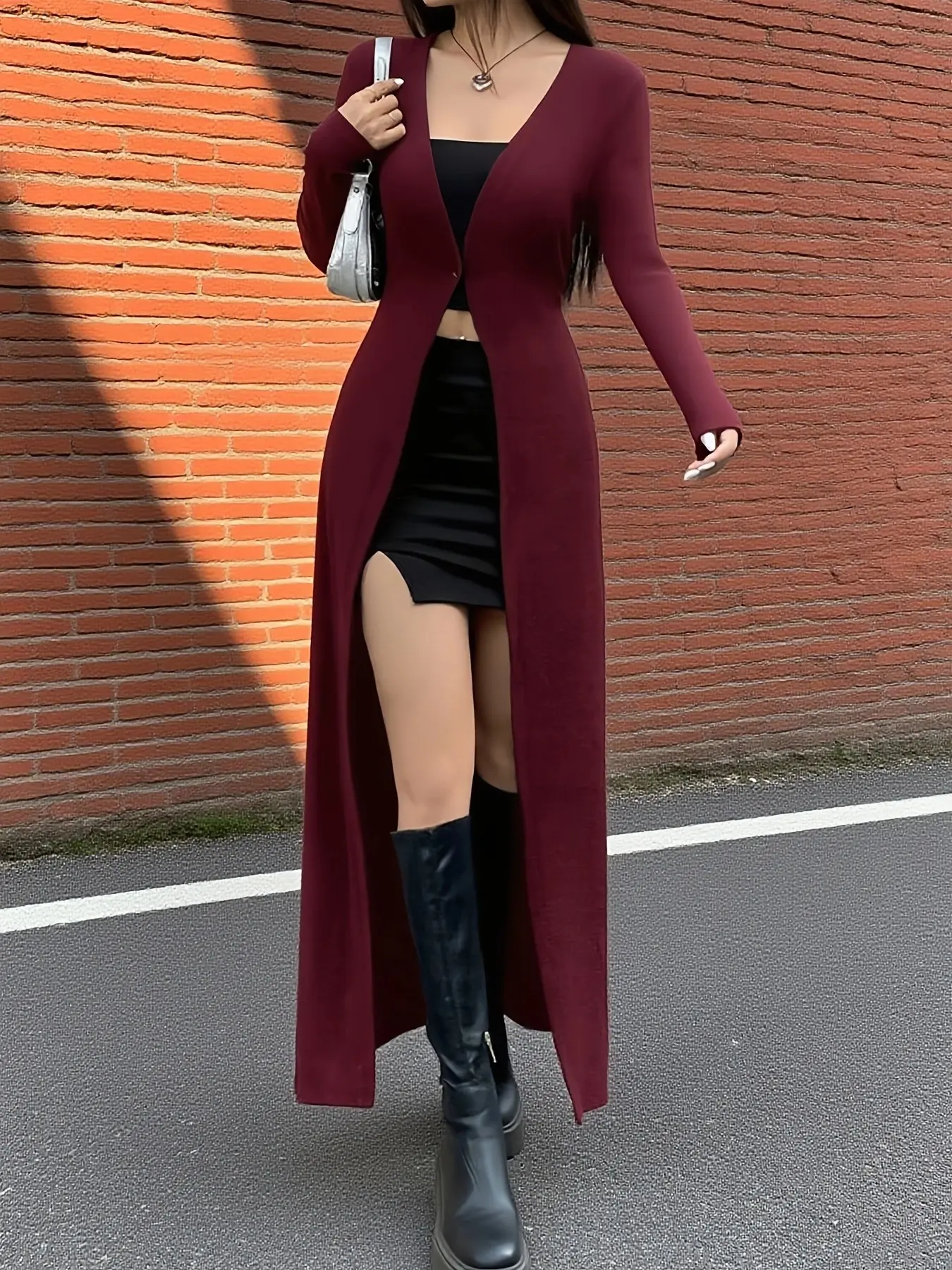 Women's Burgundy Long Knit Cardigan, Spring Summer Long Sleeve V-Neck Open Front Slim Fit Coat, Fashionable Ladies Outerwear