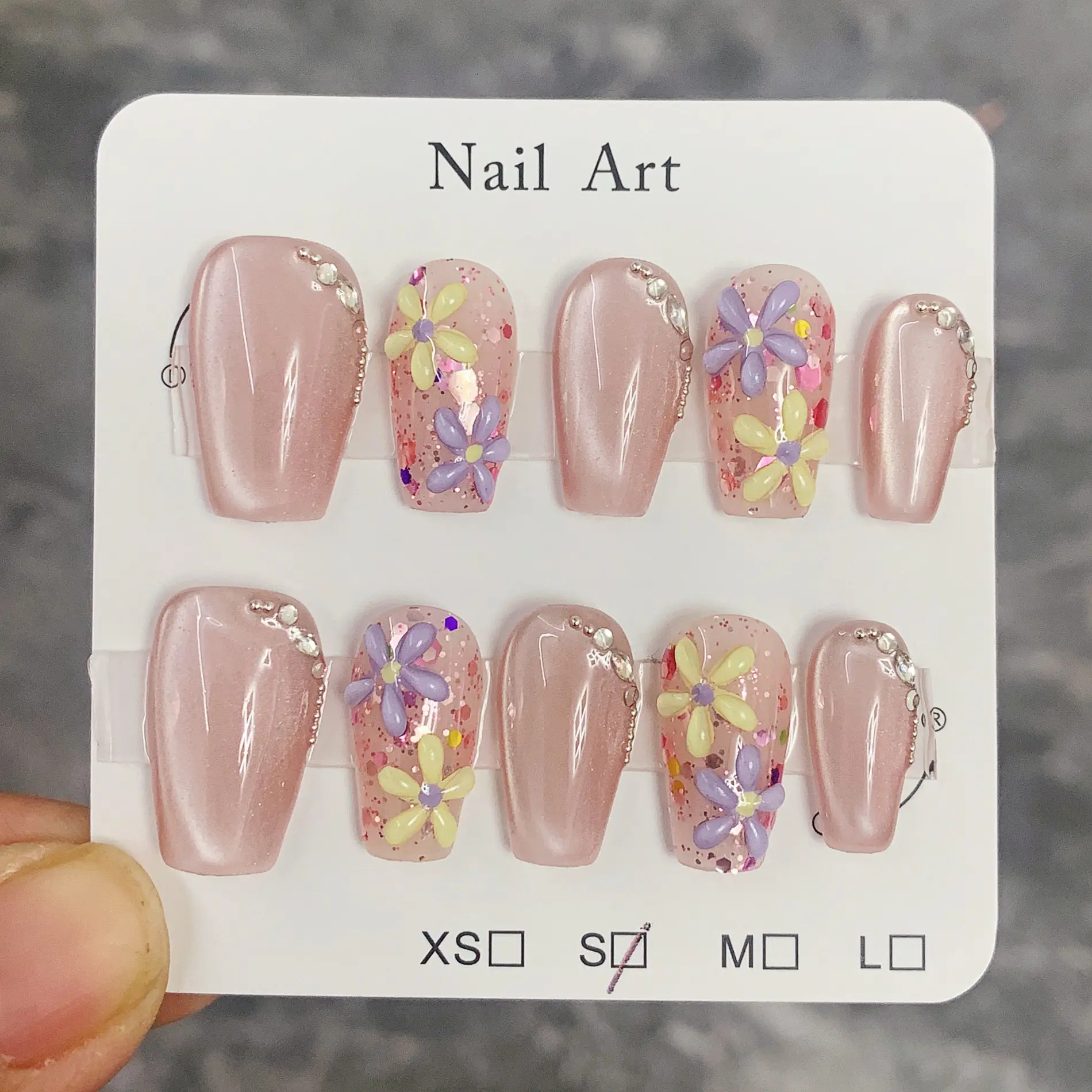10pcs Handmade Nude Nail Tips, Floral Design with Rhinestones, Removable False Nails, Includes Jelly Glue & File, for Women & Girls
