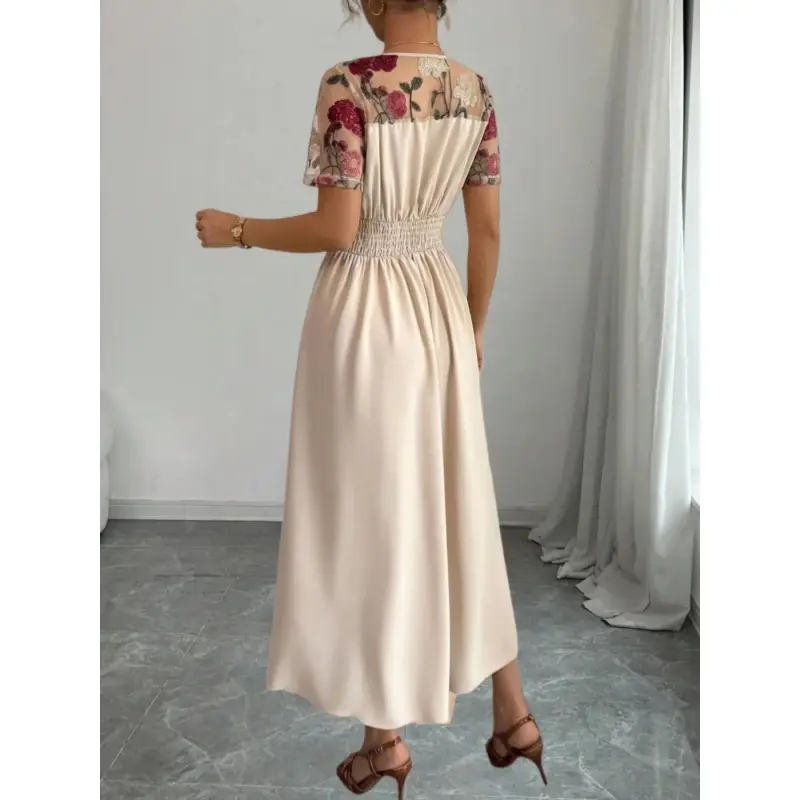 2026Elegant Women's Party Dress, Mesh Embroidered Patchwork Solid Fabric, Short Sleeve V-, Stylish Evening Gown Special Occasions Formal Wear