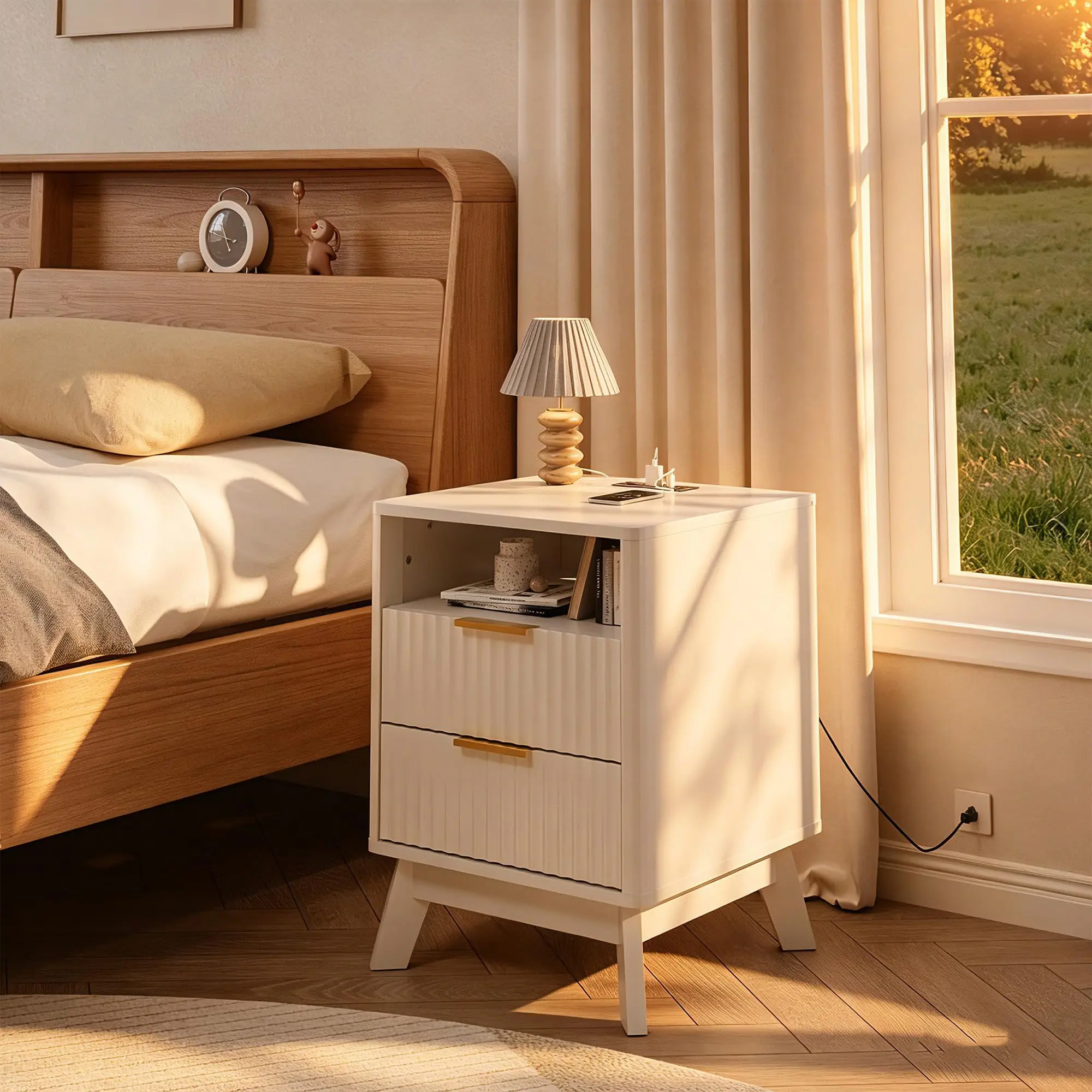 【IdealHouse】Modern Fluted Nightstands with Charging Station, 2 Drawer Wooden Bedside Tables, Multifunctional Storage Side Furniture for Bedroom and Living Room