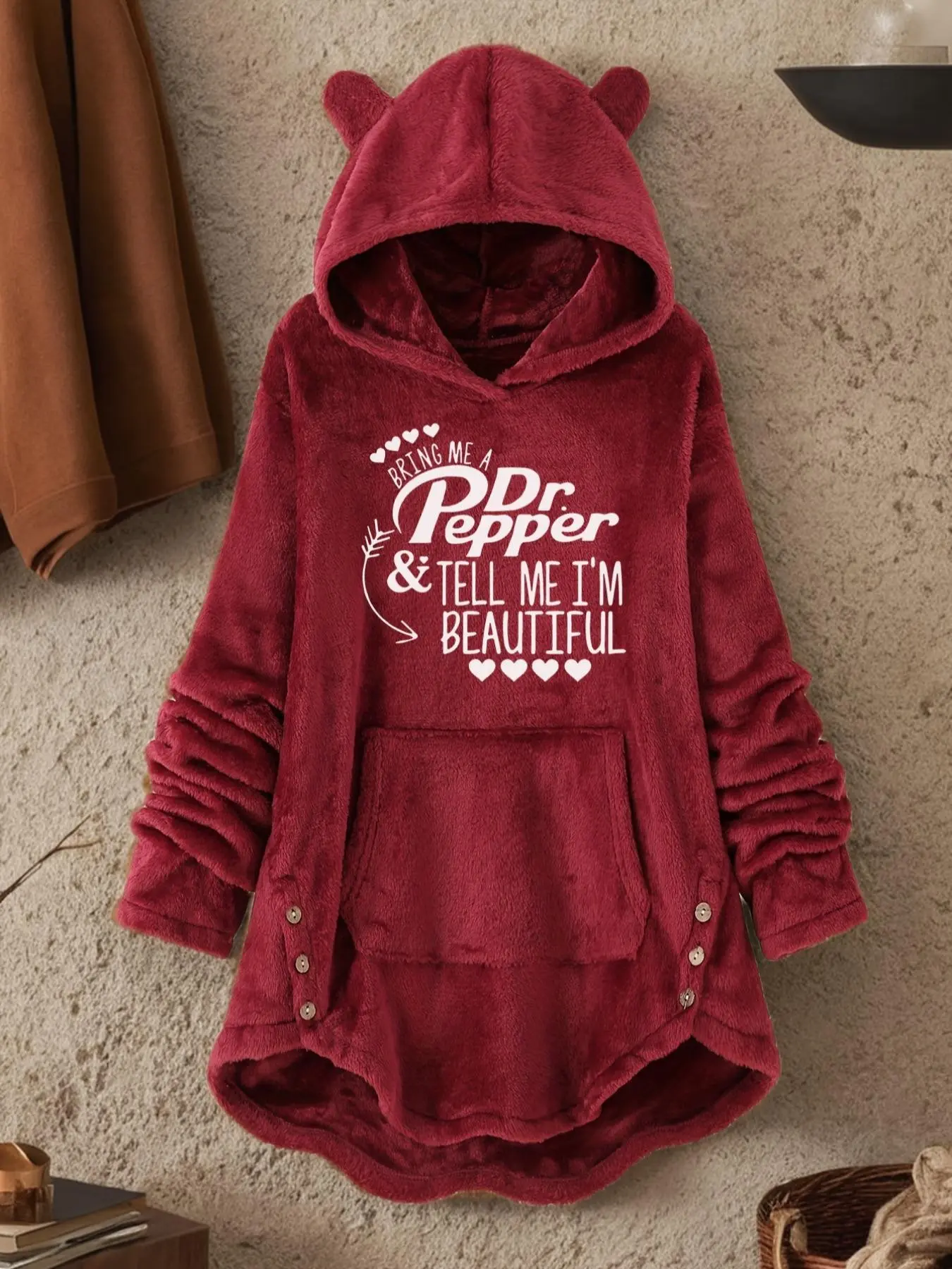 Y2K Flannel Hooded Sweatshirt Dress, Dr Pepper Print, Cat Ears, Wooden Buttons, Asymmetrical Hem, Cozy Fall Winter Wear
