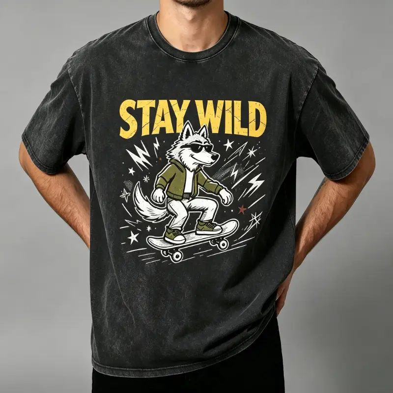 Stay Wild Skateboard Wolf Vintage Washed Oversized T Shirt Men Retro Cartoon Streetwear Graphic Tee