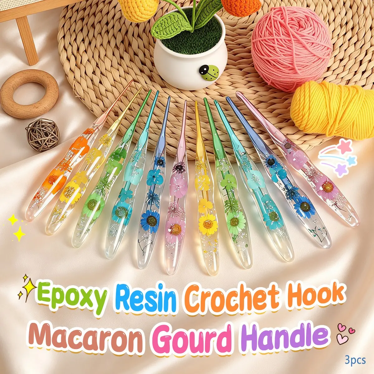 3 Pc Resin Crochet Hooks Set, Gourd‑Shaped Ergonomic Handle Inlaid Dried Flowers & Gold Foil, Smooth Aluminum Hook Tips, Assorted Sizes, DIY Yarn Crochet Knitting Craft Supplies