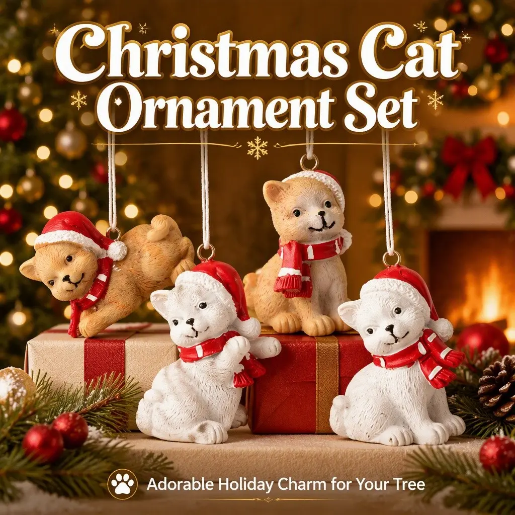 4Pcs Resin Christmas Cat Ornaments Set, Mini Kitten with Santa Hat & Scarf Hanging Pendants for Xmas Tree Decoration, Holiday Home Decor Gift for Cat Lovers