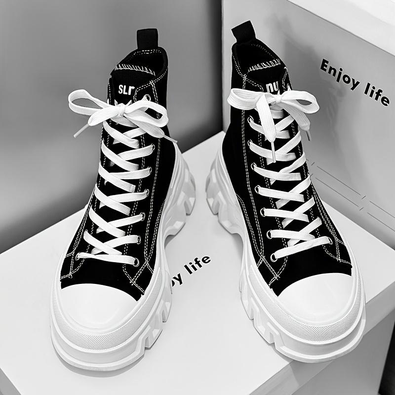 [Stylish High Top Boots] Durable High-Top Boots |   SLNU3 Men's Casual All-Season Footwear - Black Lace-Up with Thick White Sole, Round Toe