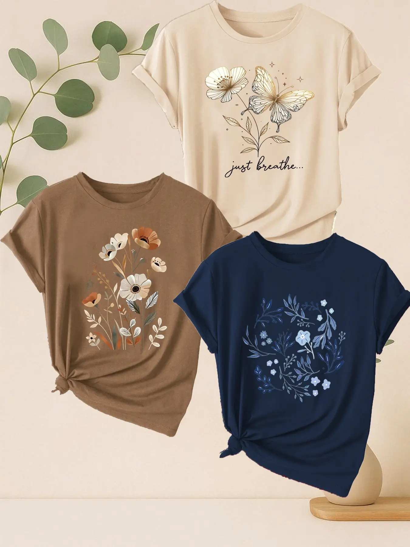 3-Pack Women's Round Neck Short Sleeve T-Shirts, Leaf Flower Butterfly Print, Casual Sporty Fashion, Soft Comfortable Fabric
