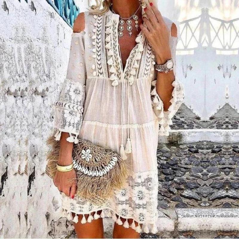New Spring Embroidered Crochet Lace Bohemian Dress Women's Elegant Off Shoulder Tassel Ruffle Mini Dress Summer V-neck Women's Beach Dress Elegant Casual Women's Dress
